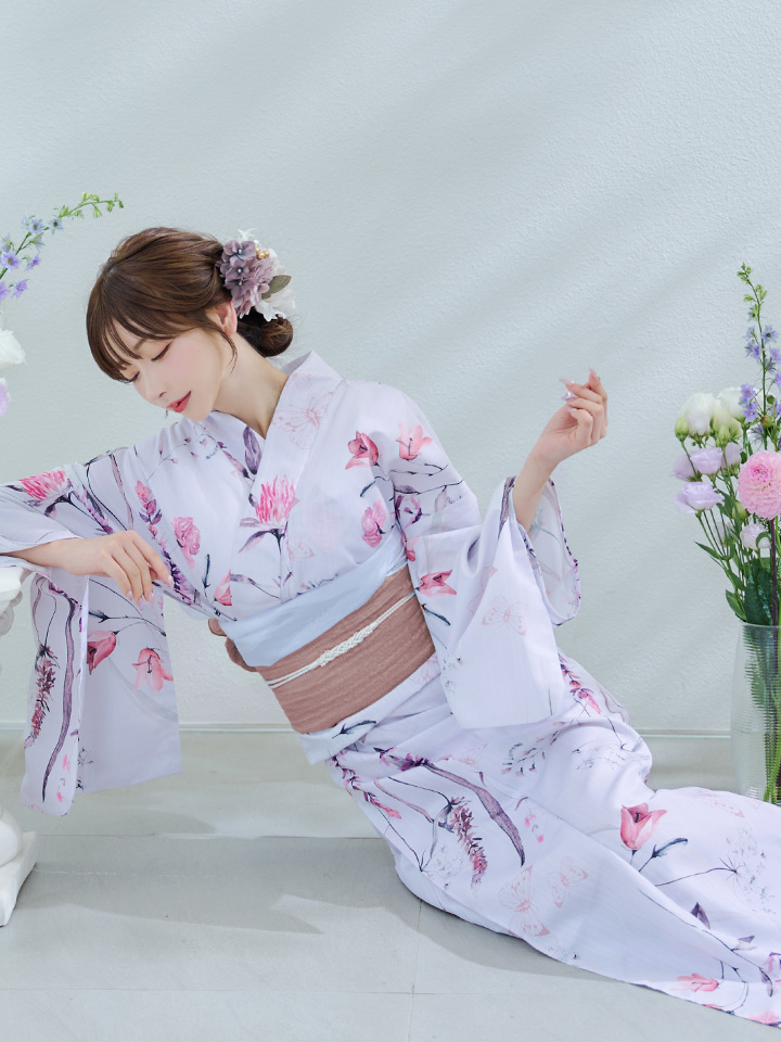 即日発送】【Riuコラボ】ボタニカルフラワーと蝶々の浴衣【浴衣3点