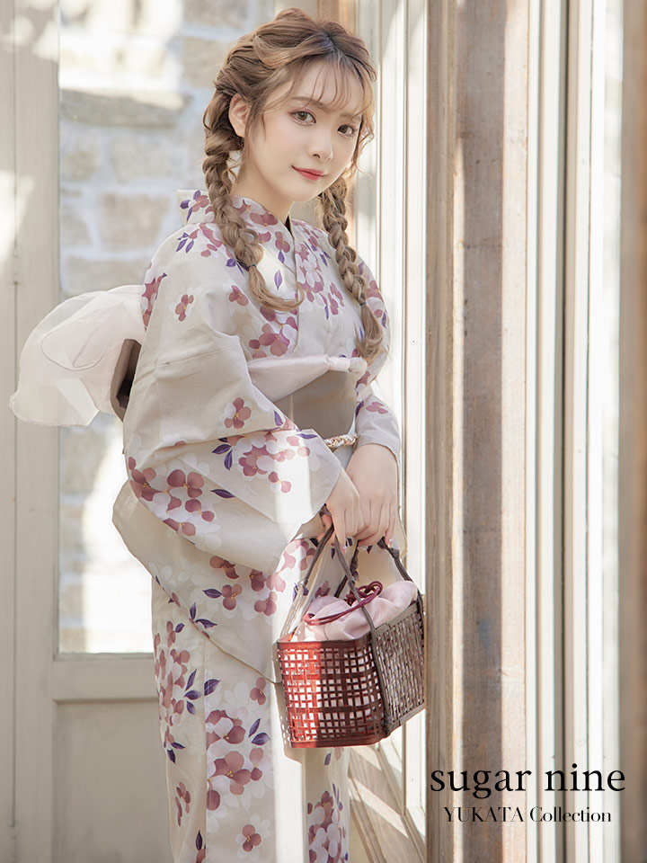 即日発送】【浴衣】クリーム地にピンクの紫陽花浴衣 【浴衣3点セット