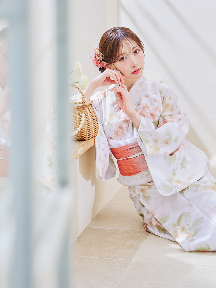 即日発送！】クリームイエロー×オレンジ紫陽花浴衣【浴衣3点セット