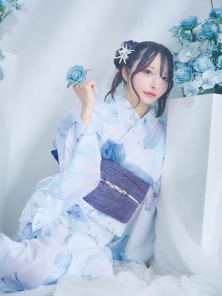 即日発送】【浴衣セール！】水彩百合ナチュラルブルー浴衣【浴衣3点