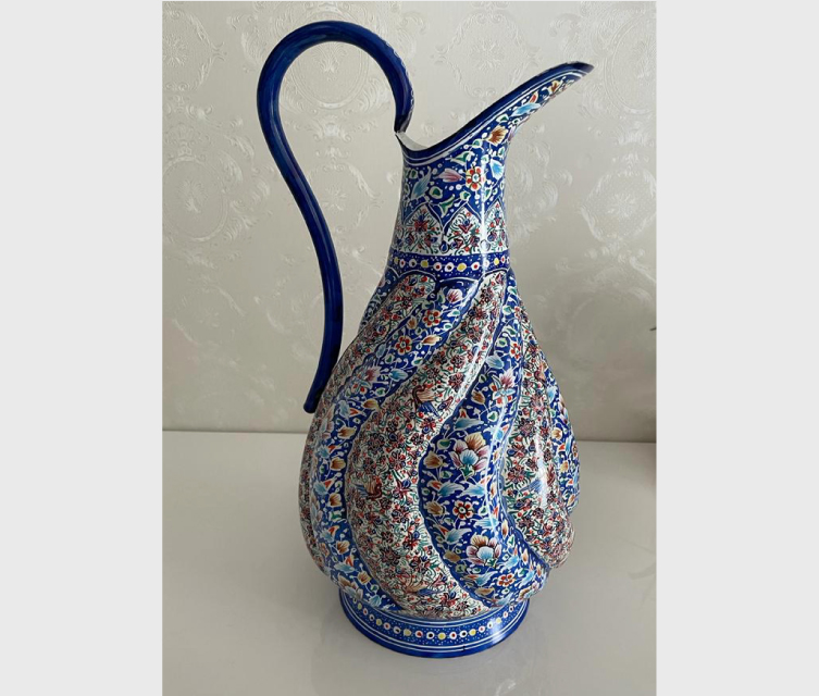 ペルシャ イラン アンティーク 手描き花瓶 青と緑の花模様 ペルシャ