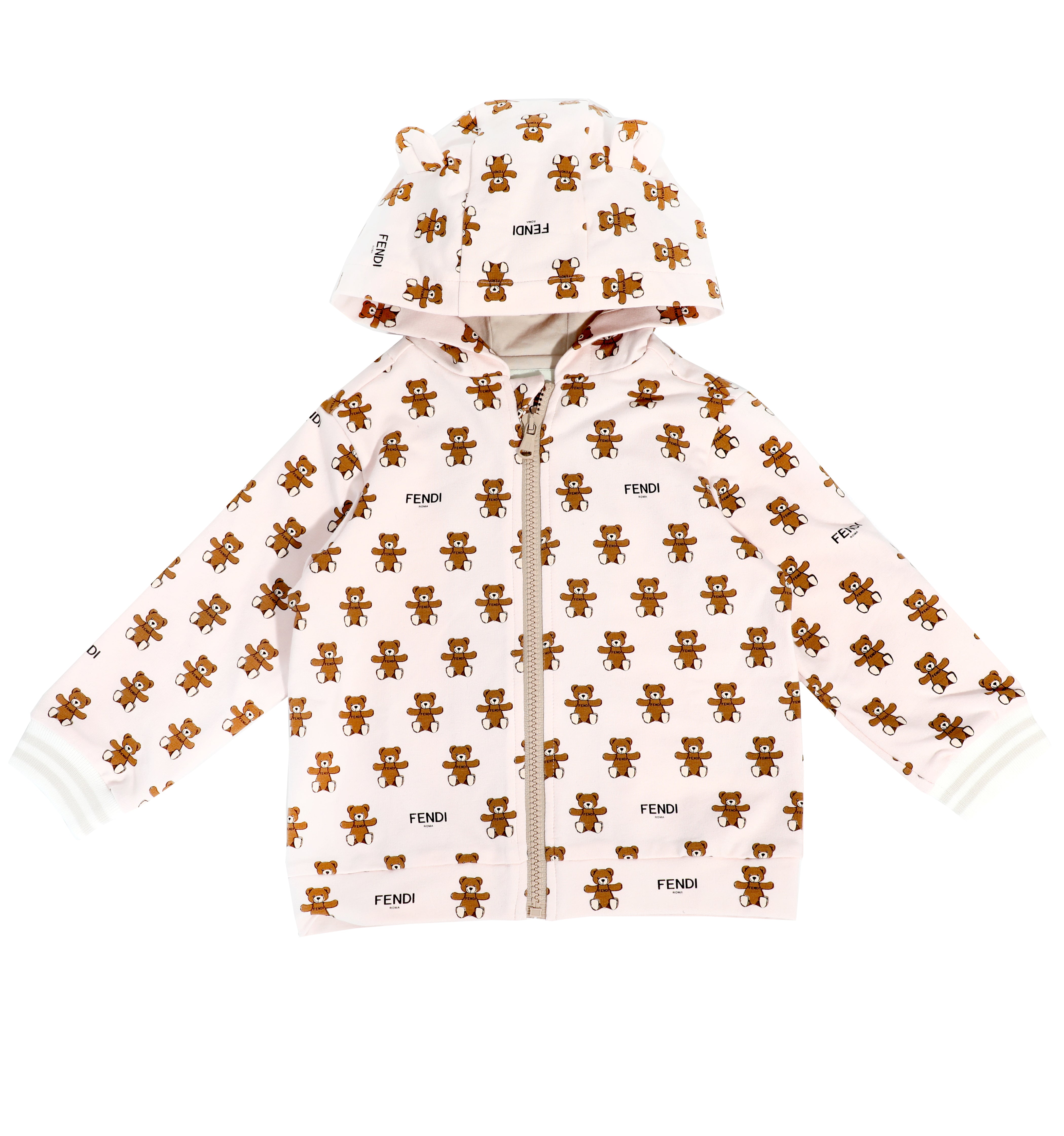 BABY BEAR HOOD ZIP UP SWEATSHIRT W/ ALLOVER BEAR PRINT-LIGHT PINK