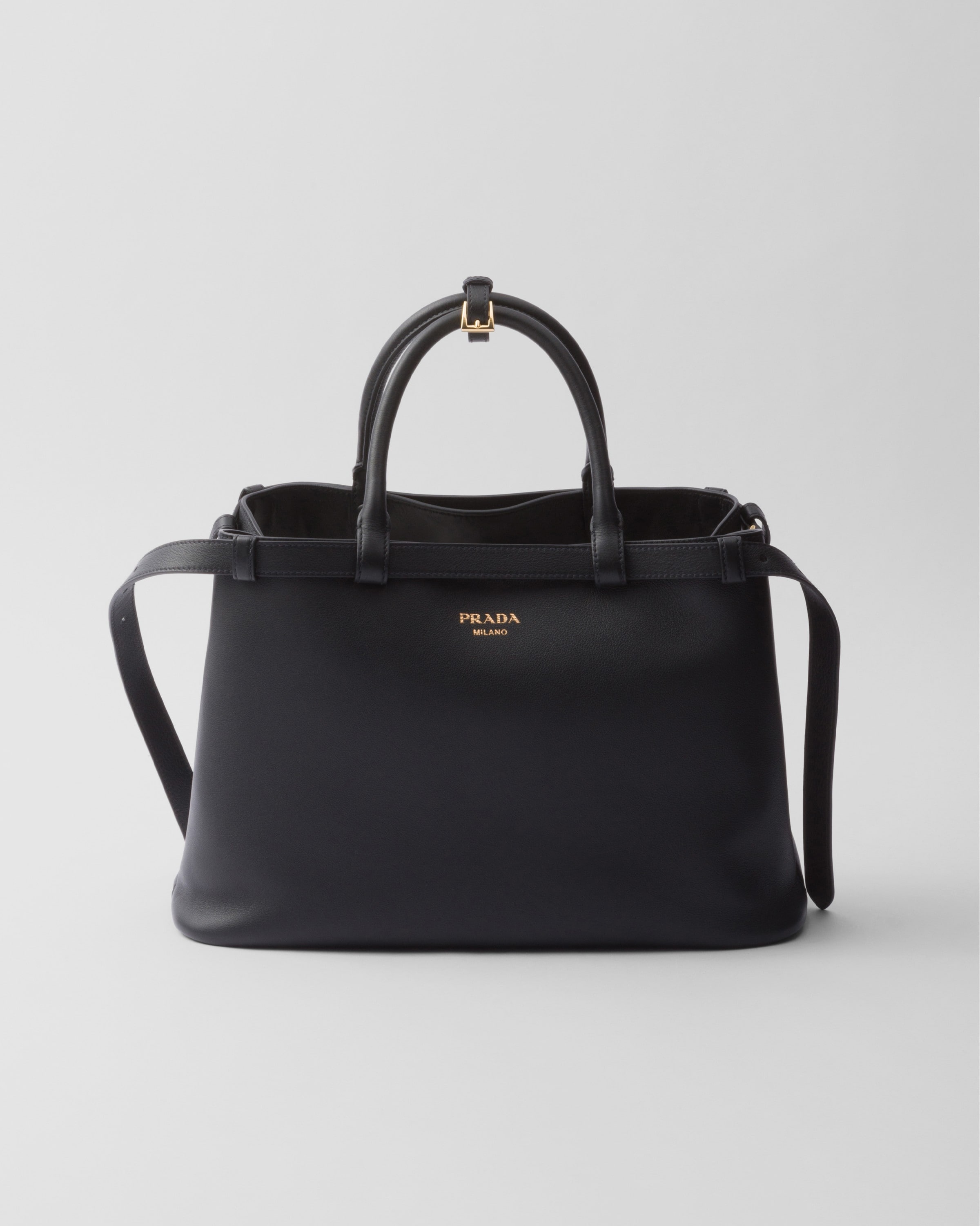 Black Prada Buckle Medium Leather Handbag With Double Belt | PRADA