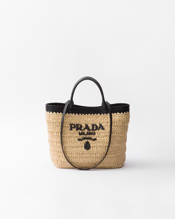 Tan/black Small Crochet And Leather Tote Bag | PRADA