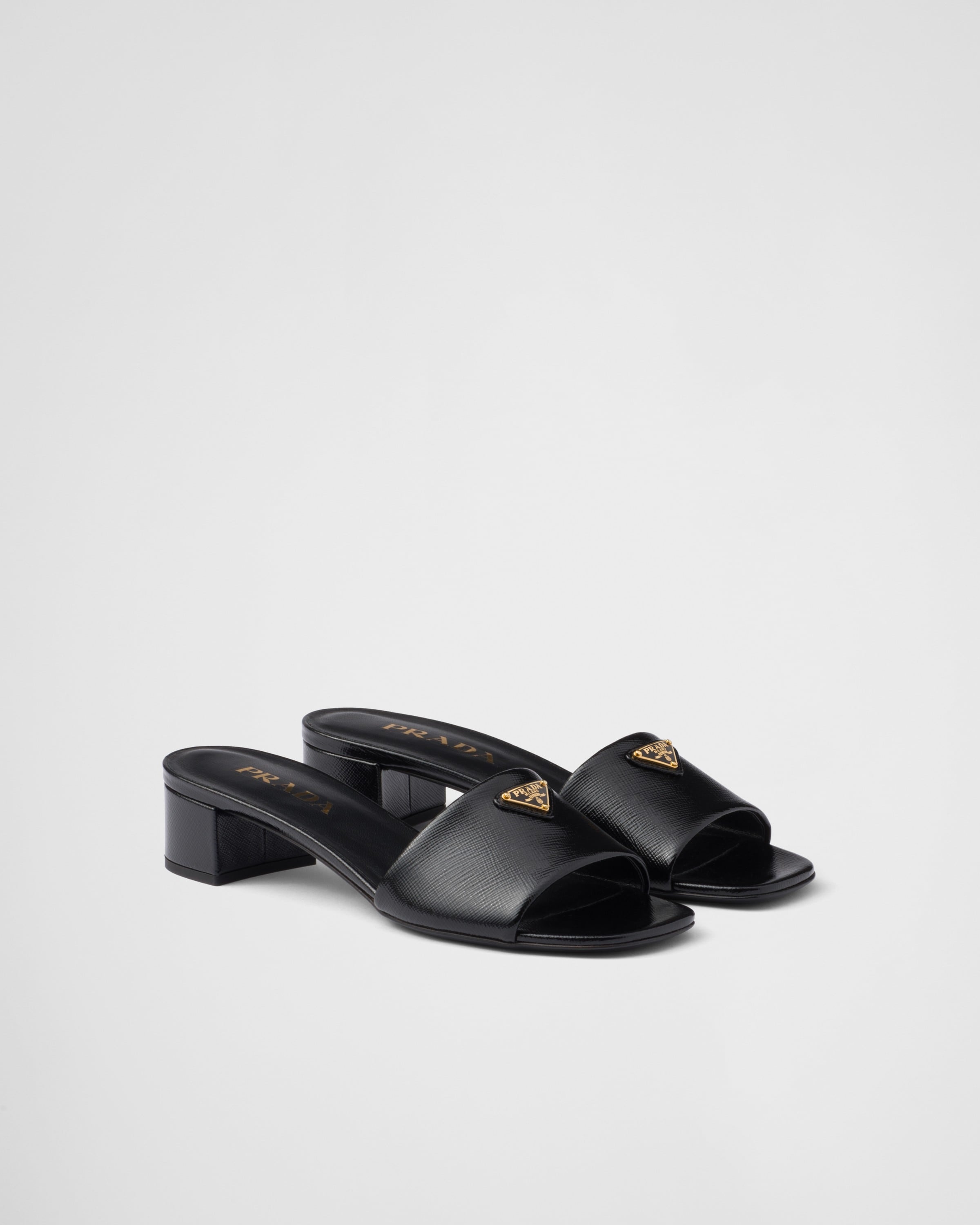 Black Saffiano Patent Leather Sandals | PRADA