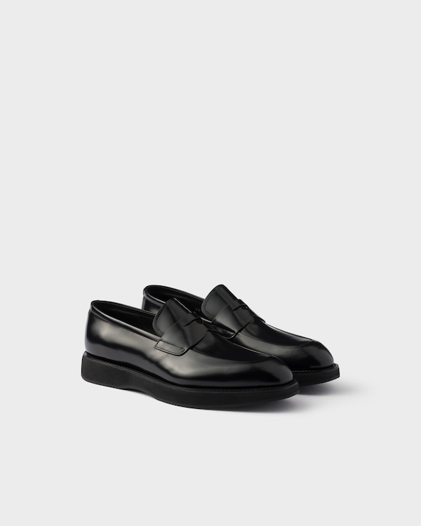Black Chocolate Brushed Leather Loafers | PRADA