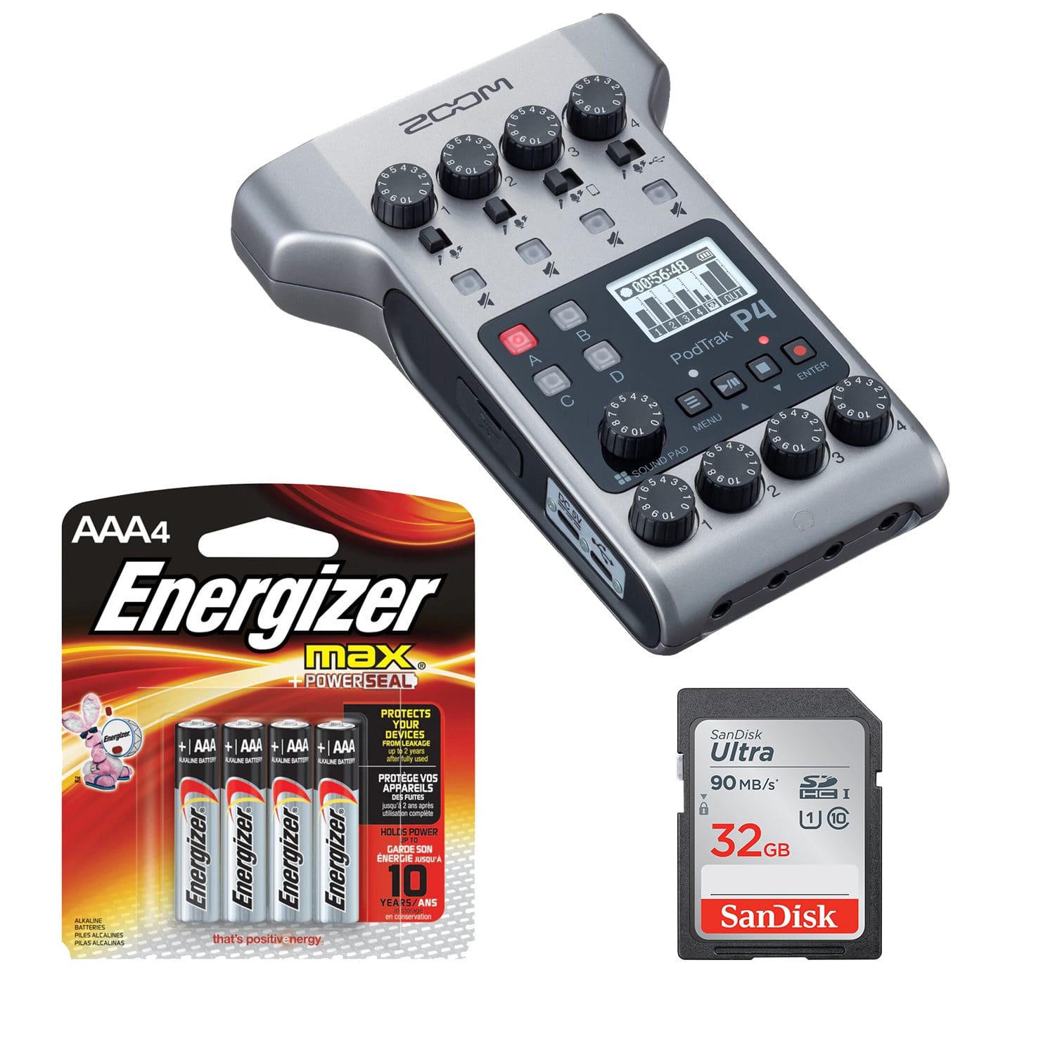 Zoom PodTrak P4 Portable Multitrack, SD Card 32GB, Energizer AAA