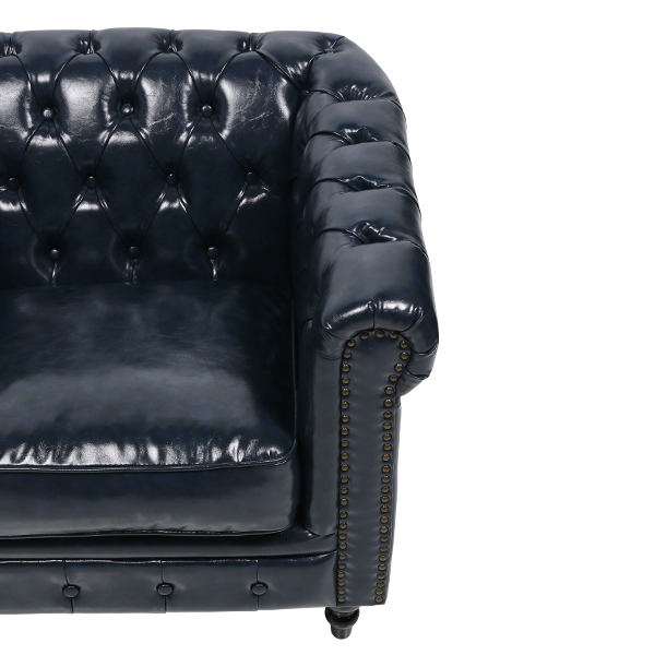 ネイビーブルーPUレザーコンパクトチェスターフィールドシングルソファ