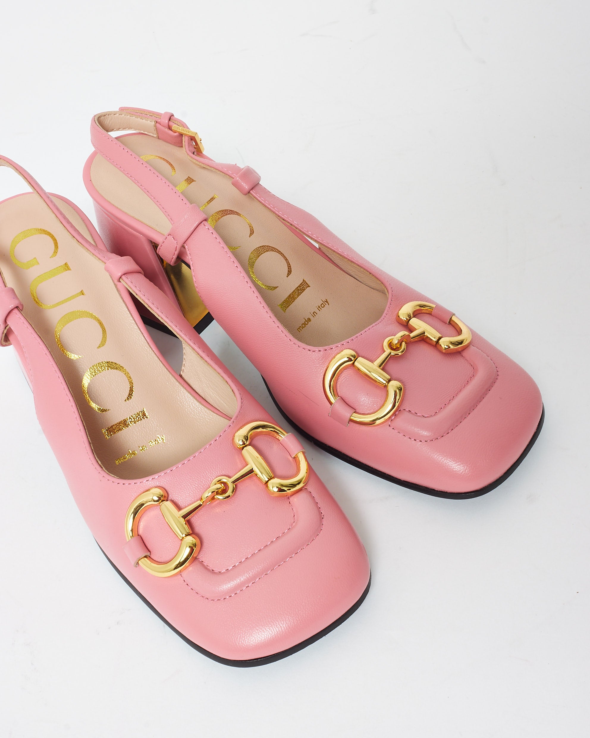 Buy Gucci Pink Leather Horsebit Slingback Block Heels - 38