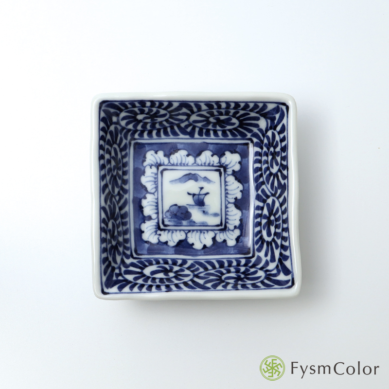 楽天市場】【波佐見焼】【山水唐草寄せ変形角皿小】【染付絵変わり