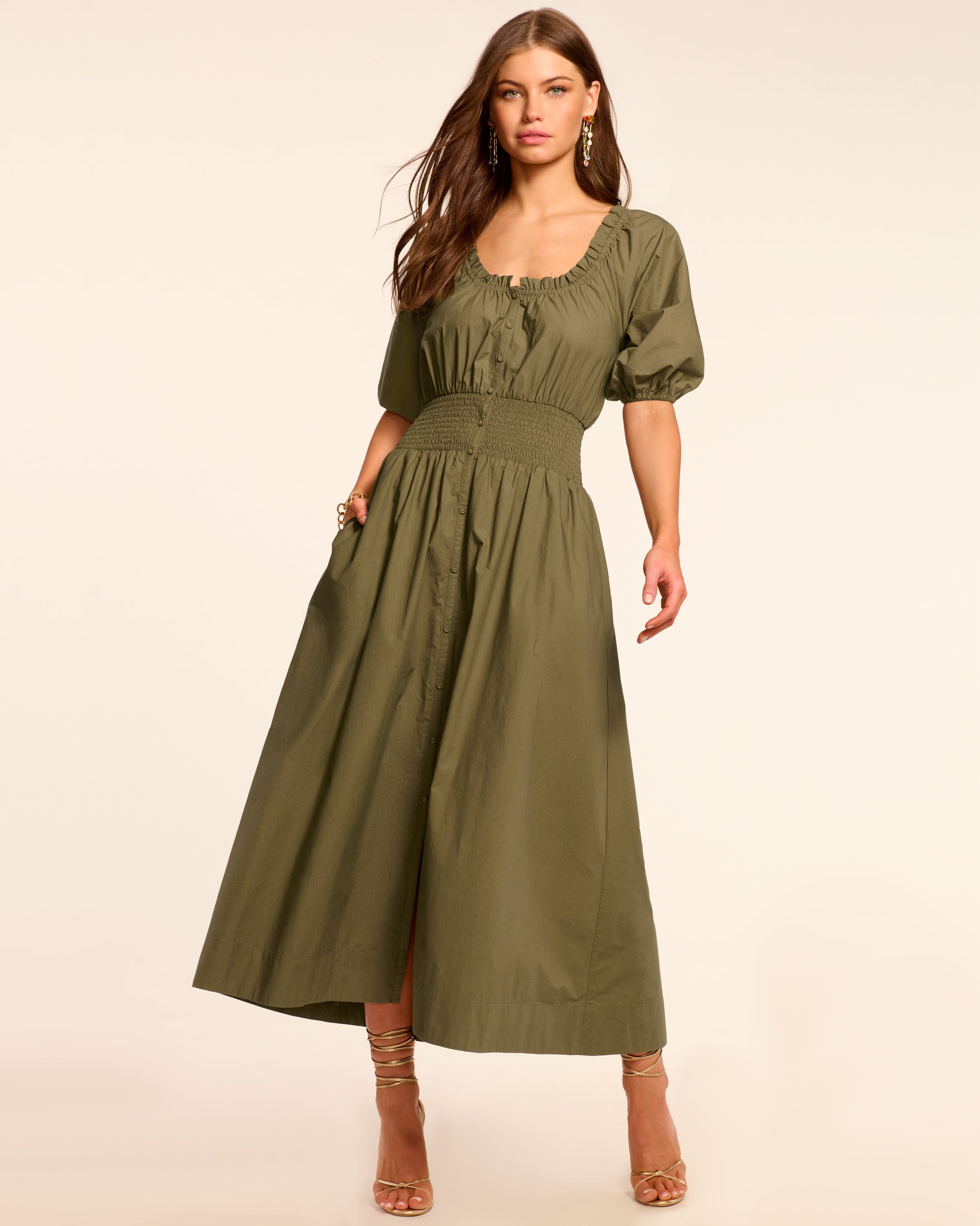 Laura Cotton Poplin Smocked Maxi Dress in olive green | Ramy Brook
