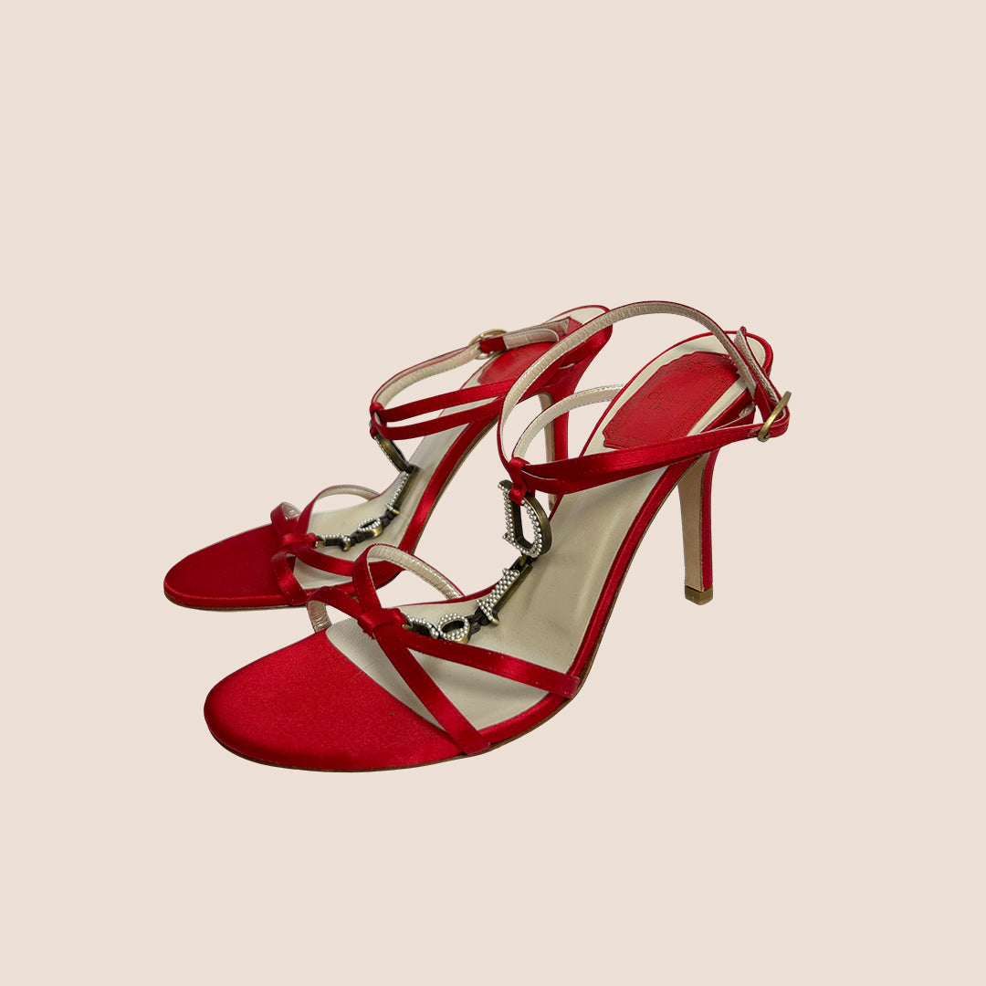 CHRISTIAN DIOR RED SATIN PEARL CHAIN STRAP SANDALS – RDB