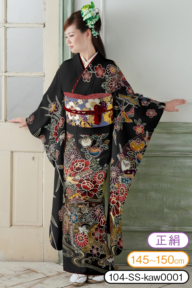 振袖レンタル 振袖SSサイズ 紅型風：花鳥図 墨色｜着物レンタル 安心