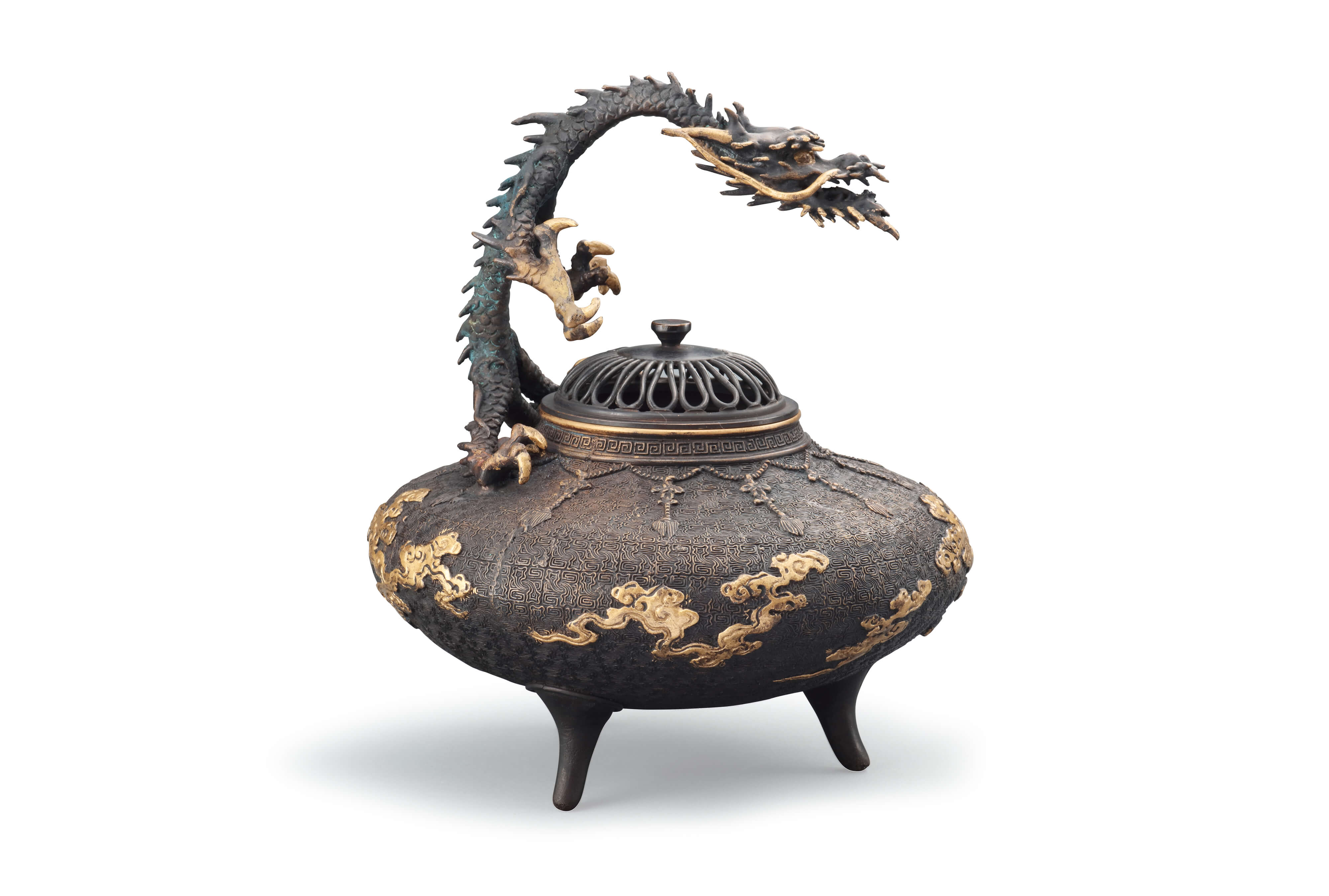 雲龍香炉（錆銅 蝋型 立龍提手 瓔珞雲 細密三足香炉）／ホームメイト