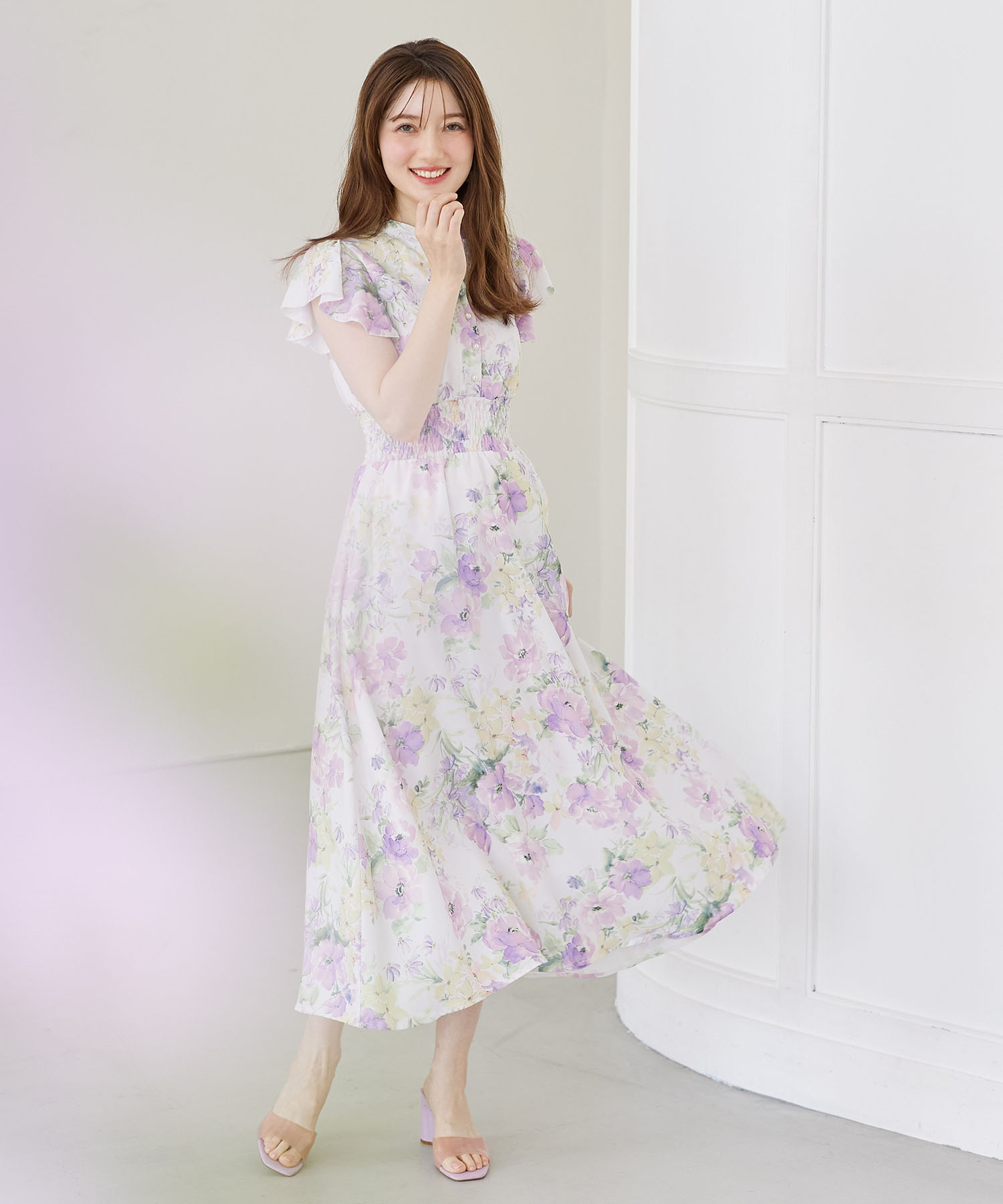 ウエストシャーリングスキッパーフラワープリントワンピース