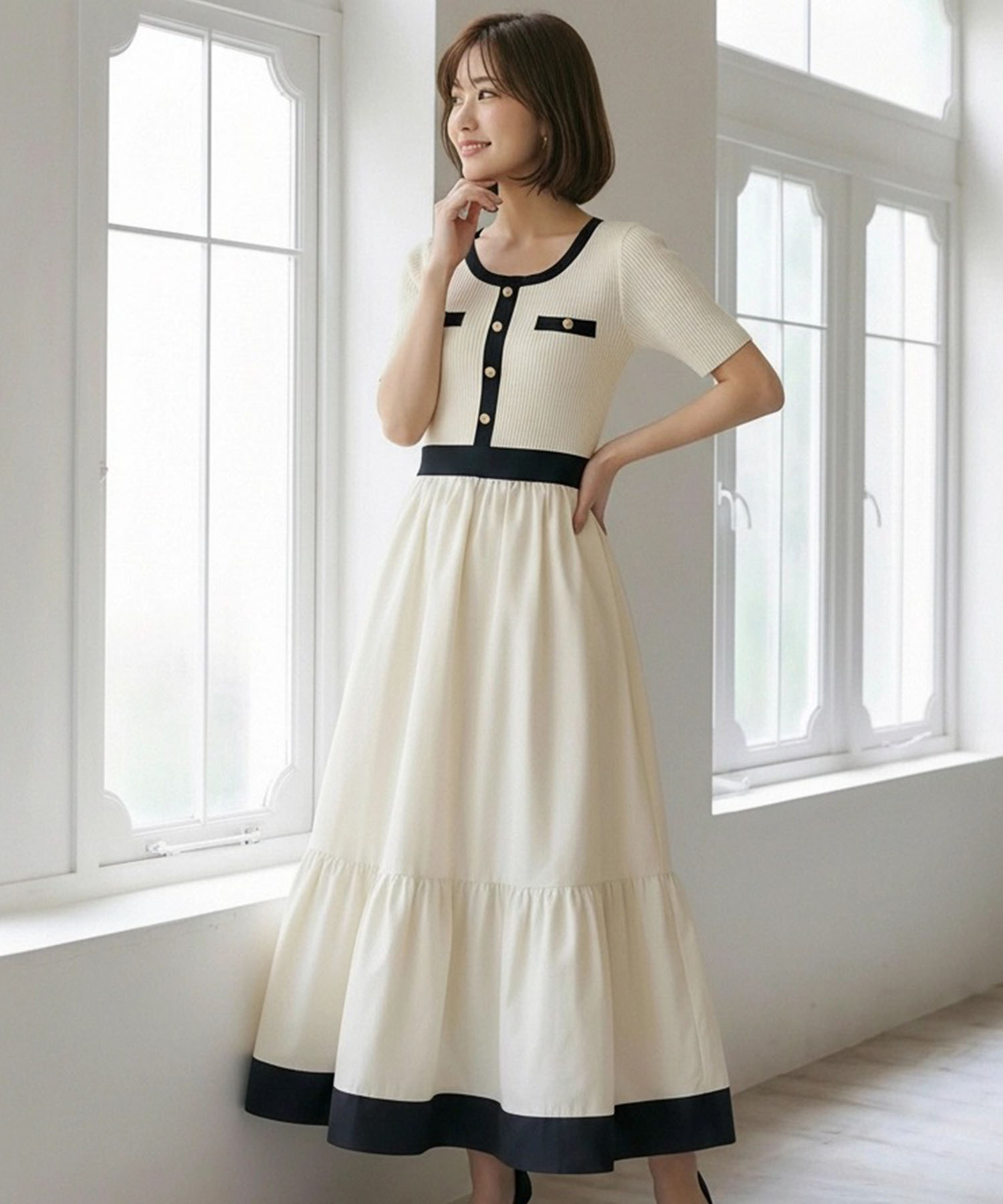 迷った朝の救世主になるリブニットドッキングタフタ配色ワンピース