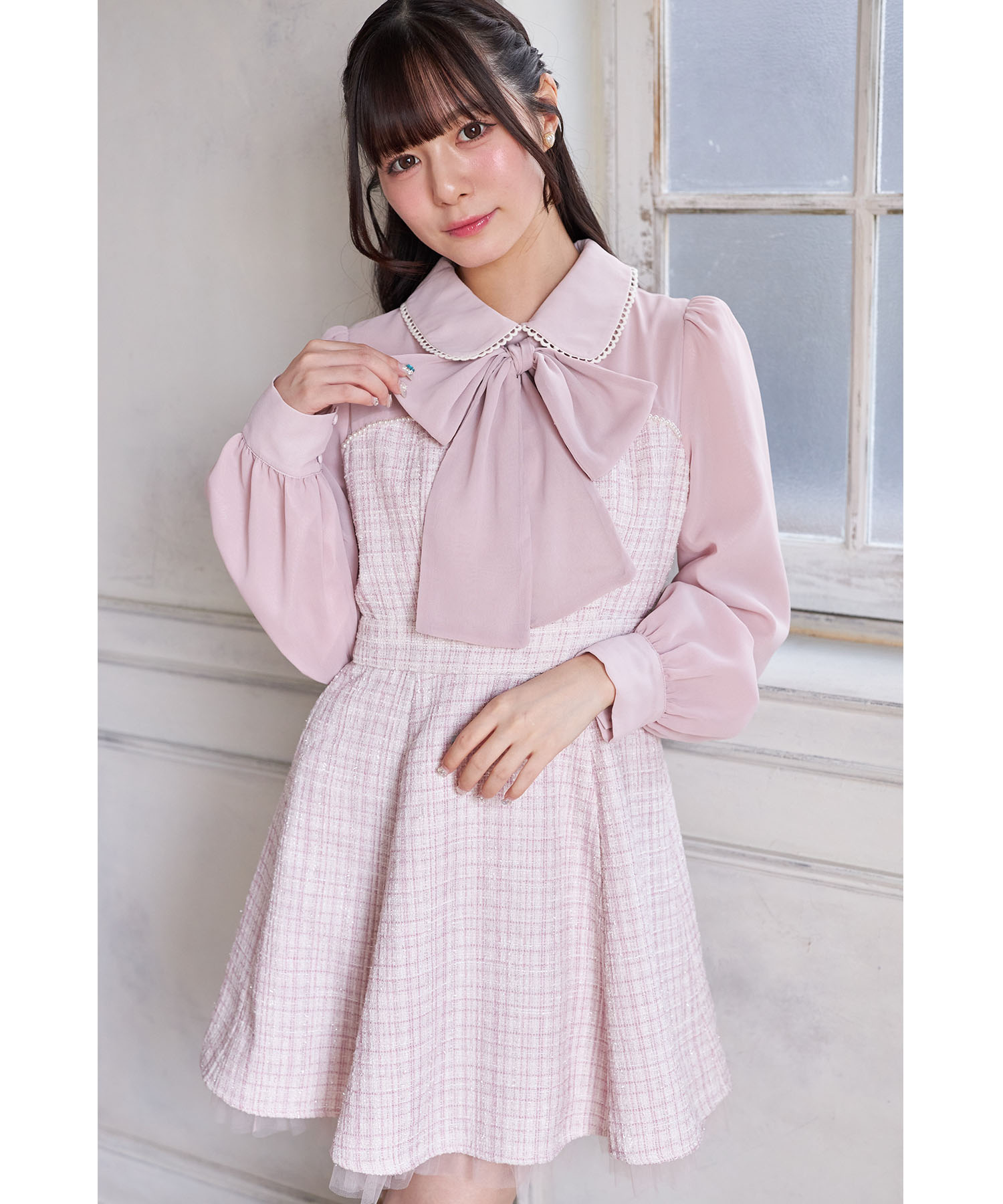 2WAYリボン付きラメツイードドッキングワンピース