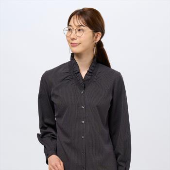 COFREX】 Vネックフリル 長袖 レディースフリルシャツ(S ブラック