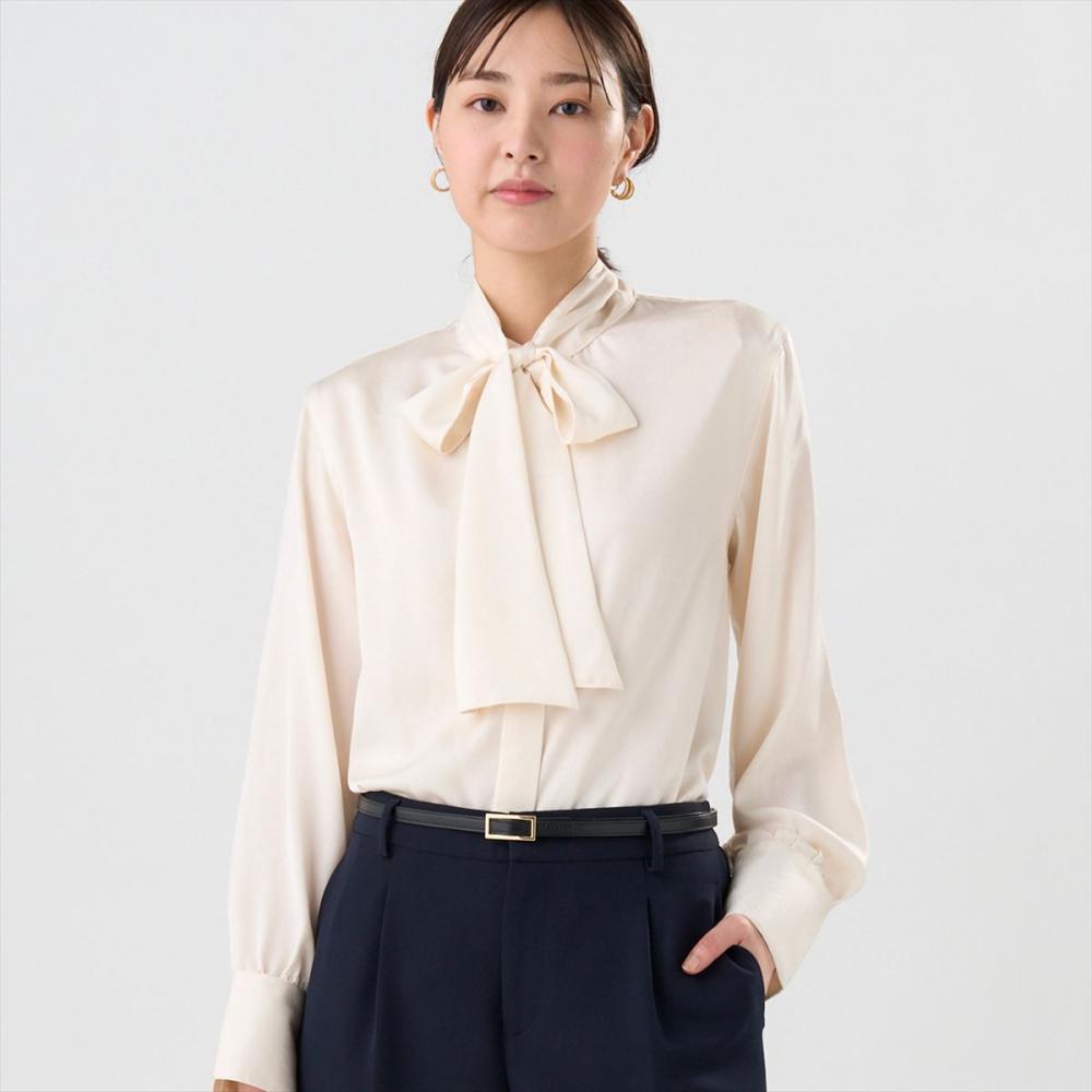 クラッシュスエード ボウタイブラウス 長袖 レディース(M オフホワイト
