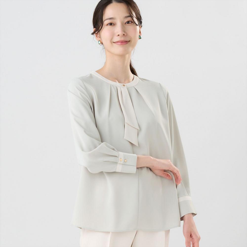 ストレッチ ジョーゼット 配色ボウタイブラウス 長袖 レディース(M