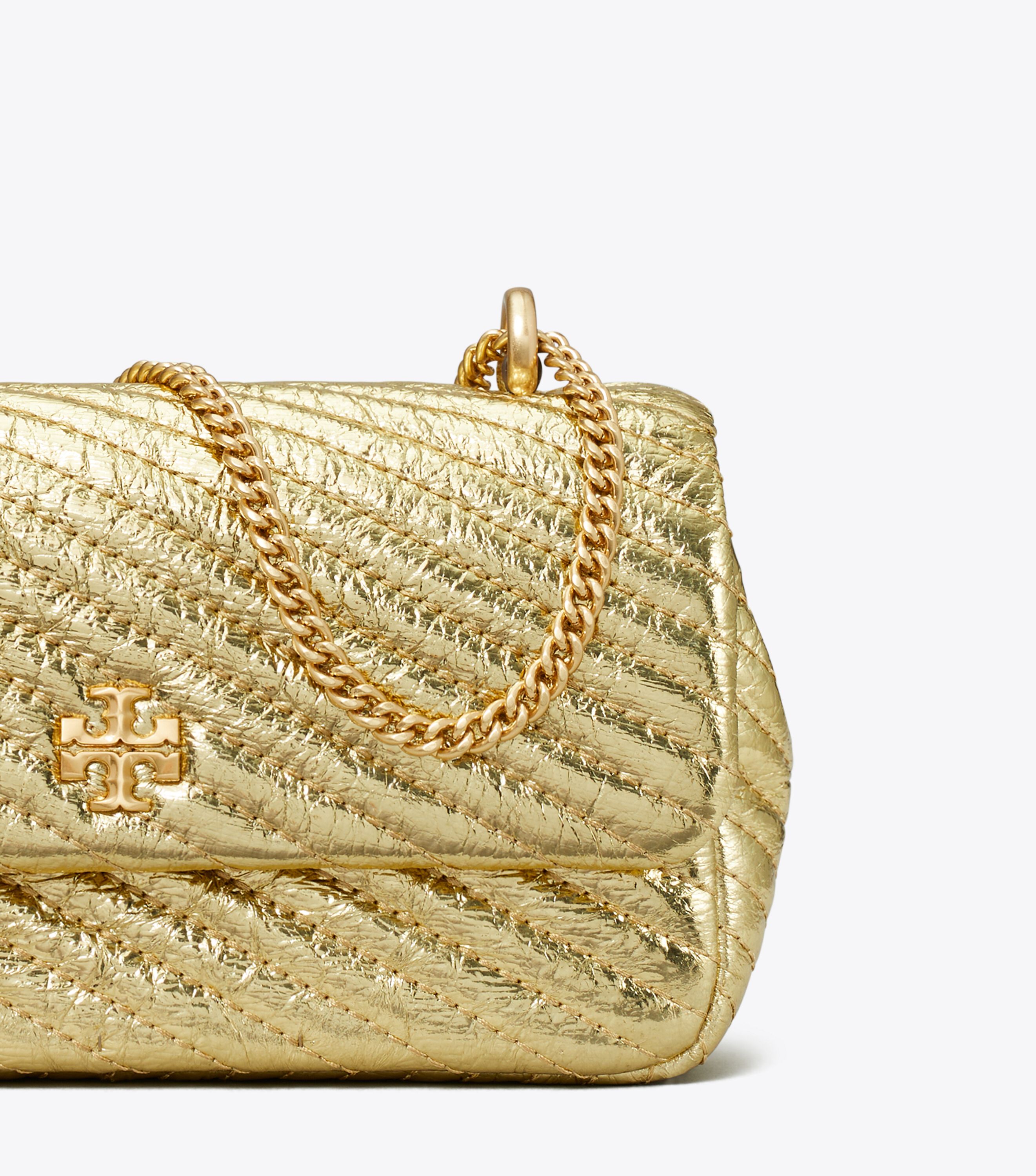 Mini Kira Metallic Moto Quilt Flap Bag, Gold | Tory Burch KW