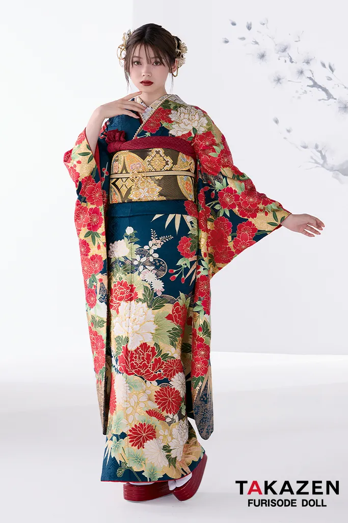 粋古典 紺/赤/ゴールド(金色) 牡丹柄/大柄 金彩刺繍京友禅 かっこいい