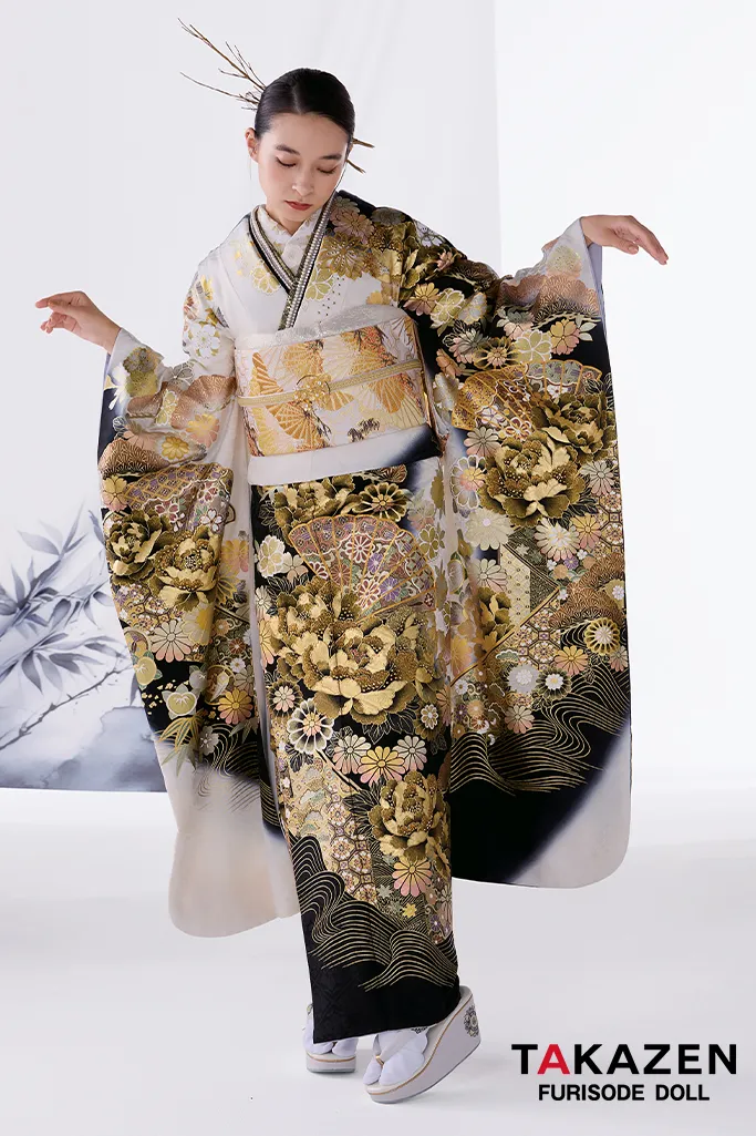 粋古典 白金/ゴールド 牡丹柄/扇面 最高級金彩刺繍友禅 煌びやか 金彩