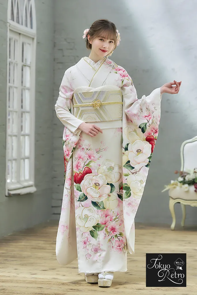 東京レトロ 白ピンク 椿柄 かわいい モダン 古典調 マーシュ彩【通販可