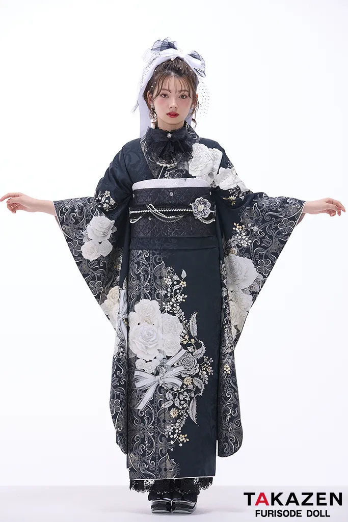 ヘップバーンローズ 黒/白 バラ柄/リボン柄 エレガント かわいい