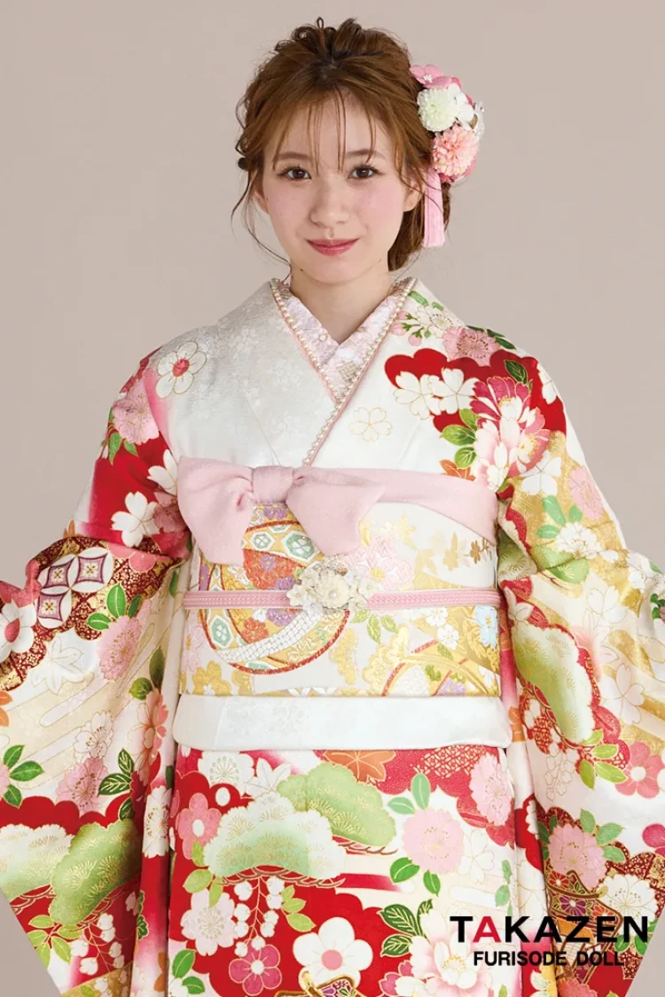 正統派古典 白/赤 御所車柄/牡丹柄 吉澤織物/最高級金彩手描友禅 お