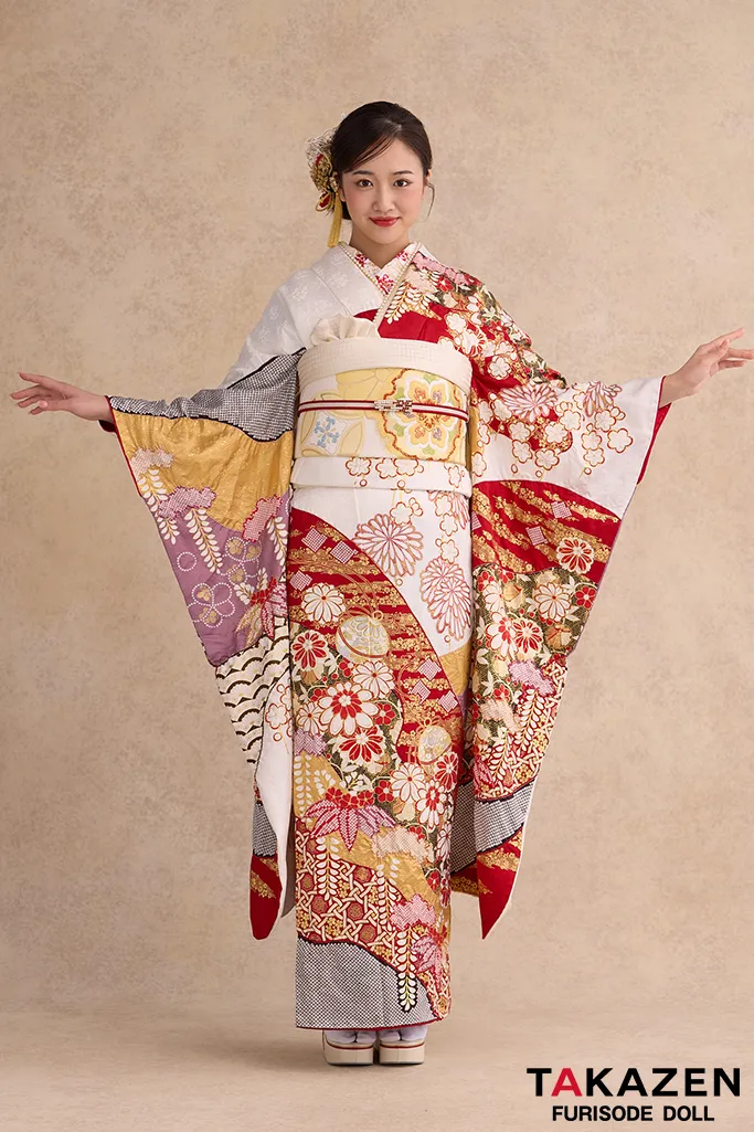 最高級古典柄振袖 滝泰/最高級金彩刺繍絞り友禅 赤/金 貝桶柄/牡丹柄