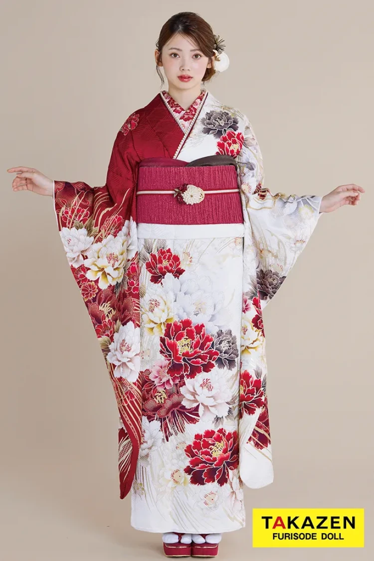 最新作正統派古典 白赤 牡丹柄/大柄 大人っぽい きれいめ 上品 豪華