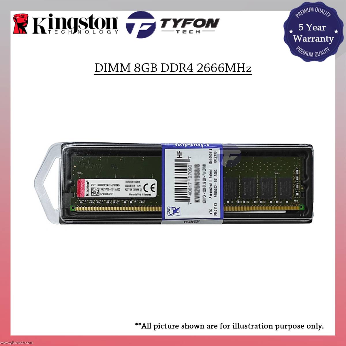 Kingston KVR26N19S8/8 DIMM DDR4 8GB 2666MHz PC4-21300 Desktop PC RAM