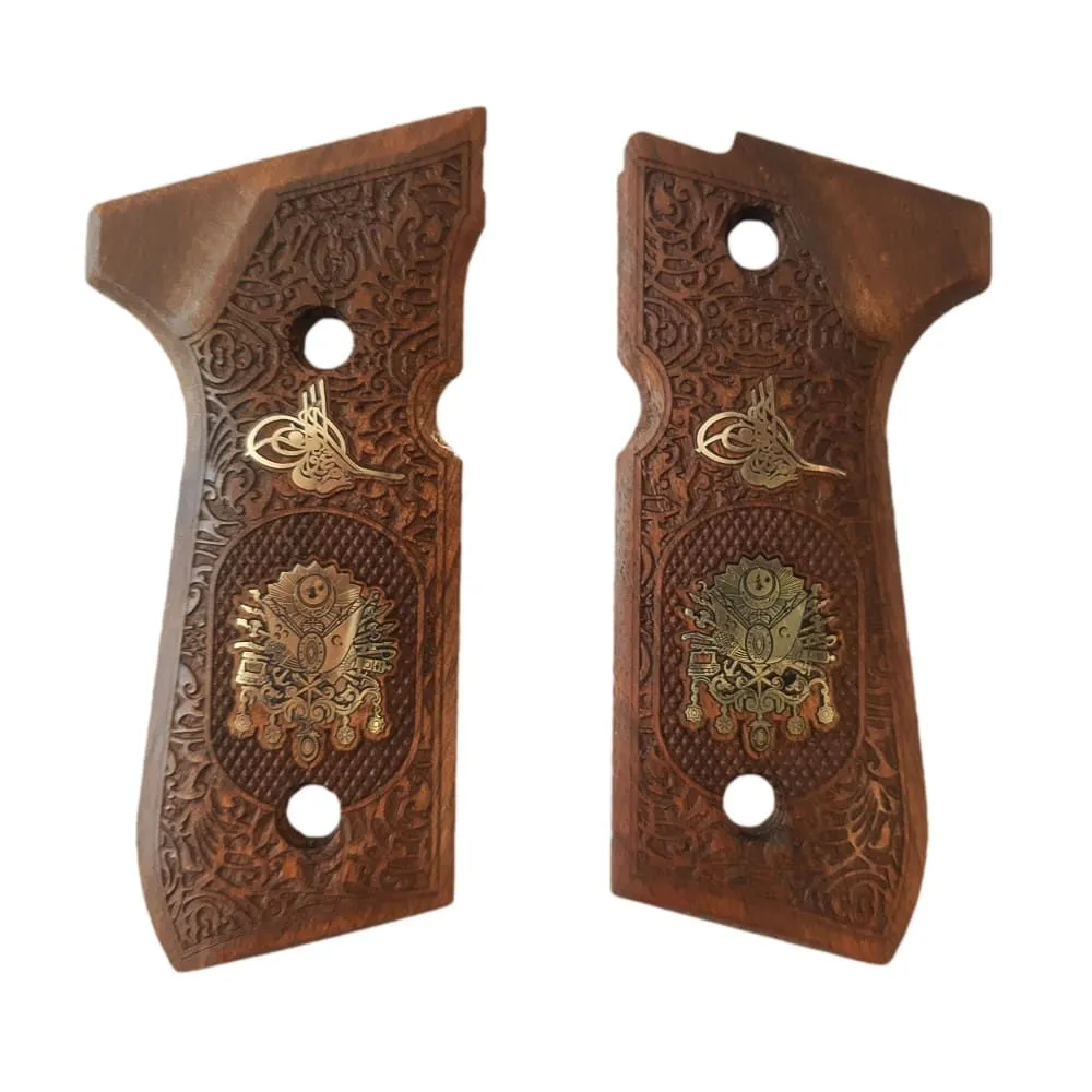 Beretta 92FS Ceviz Ağacı Osmanlı Tuğralı Sarı Logolu Tabaca Kabzesi