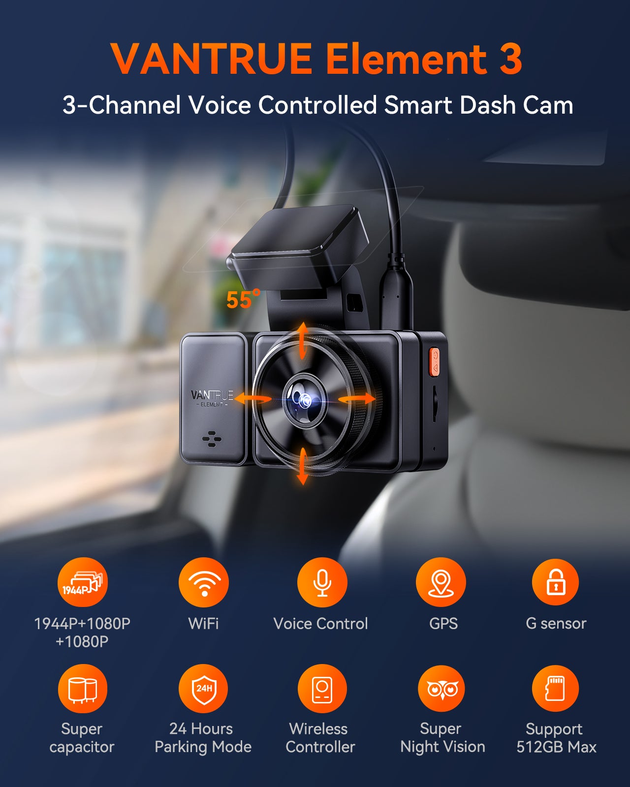 Vantrue E3 3 Channel 2.5K Dash Cam – WiFi, GPS, Voice Control, HDR