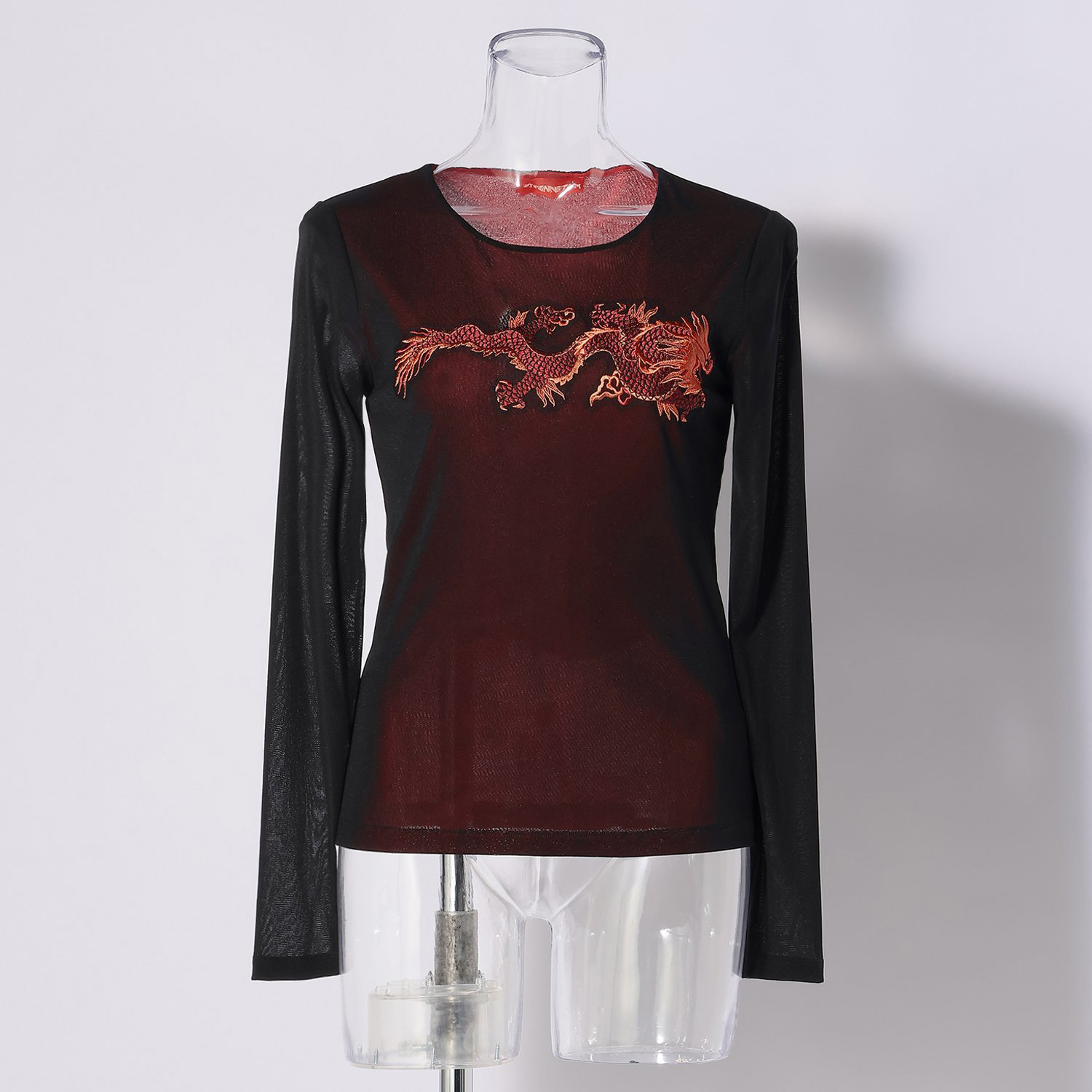 RED DRAGON EMBROIDERY ON STRETCH NETTING ブラウス｜VIVIENNE TAM