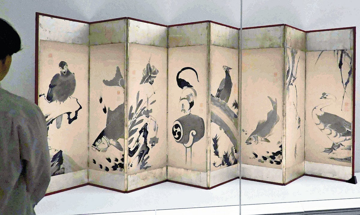 鳥取：＜Art in Tottori＞「花鳥魚図押絵貼屏風（紙本墨画