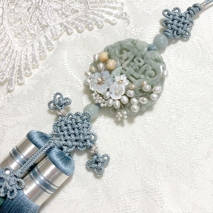 玉(翡翠)と淡水パールと珊瑚の高級ノリゲ ブルー 宝飾ノリゲ 夢市場