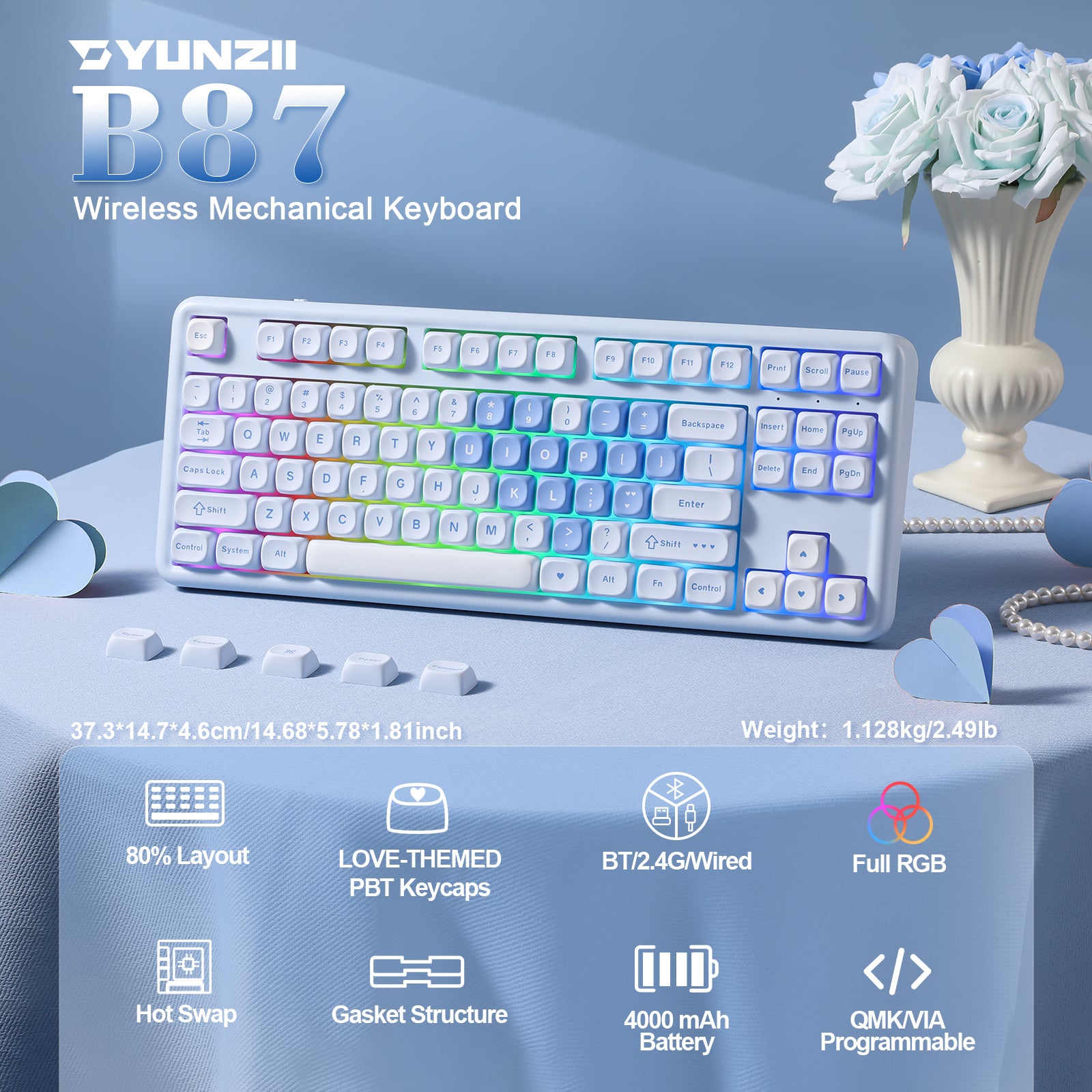 YUNZII B87 Blue Heart QMK/VIA Custom Mechanical Keyboard – YUNZII