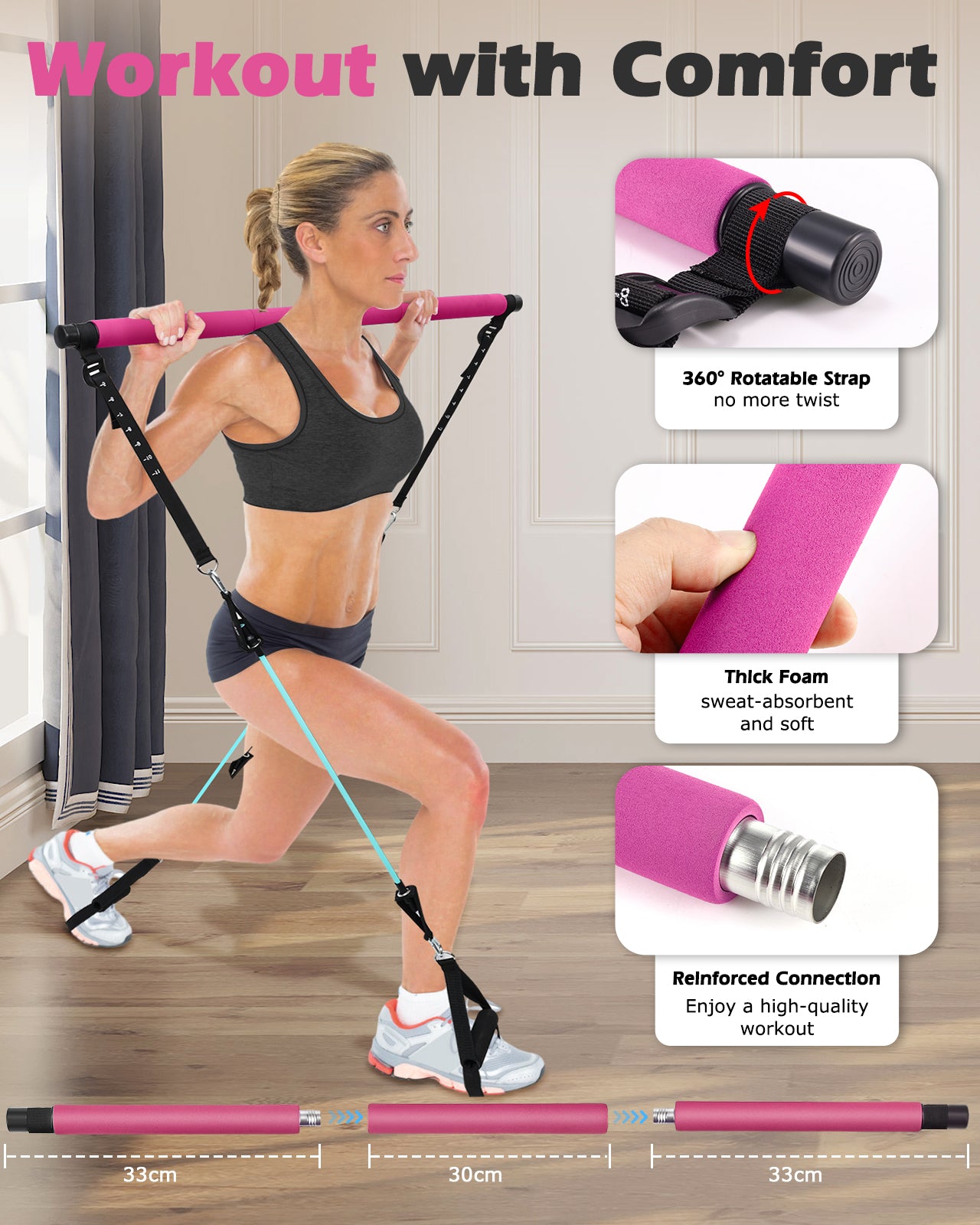 Zacro Pilates Bar Kit with Resistance Bands, 3-Section Pilates Bar