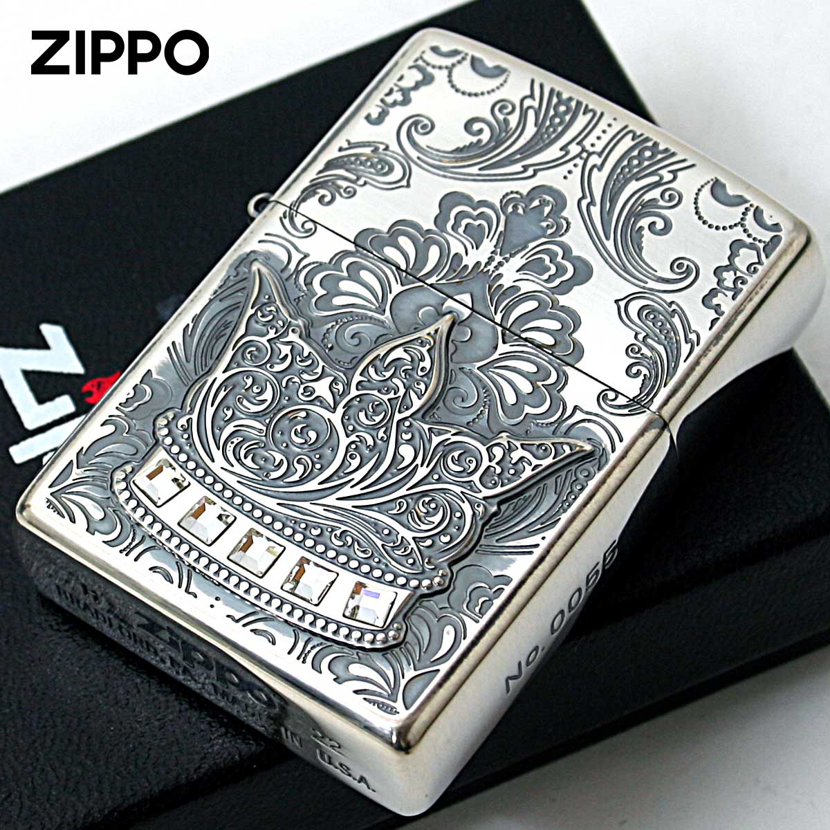 Zippo ジッポー 王冠 クラウン メタル ラインストーン シルバーいぶし