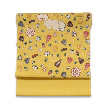 岡本紘子 「雲と波」 九寸名古屋帯 染め帯 型染め 菜の花色（落ち着き