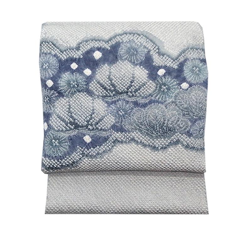 藤娘きぬたや 「総絞りの帯」 九寸名古屋帯 染め帯 灰青色＜お仕立て代