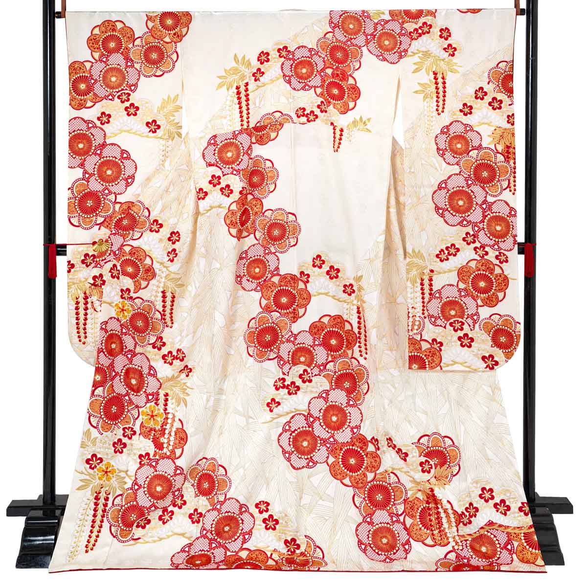 振袖袴： R2107最高峰絞り染元「滝泰」白 疋田鹿の子絞り 紅梅に松竹