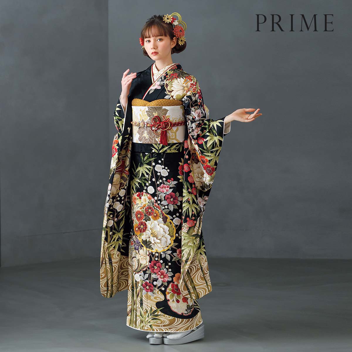振袖：R2179 PRIME 黒 雪輪に竹梅椿│ 振袖レンタル │ 京都着物