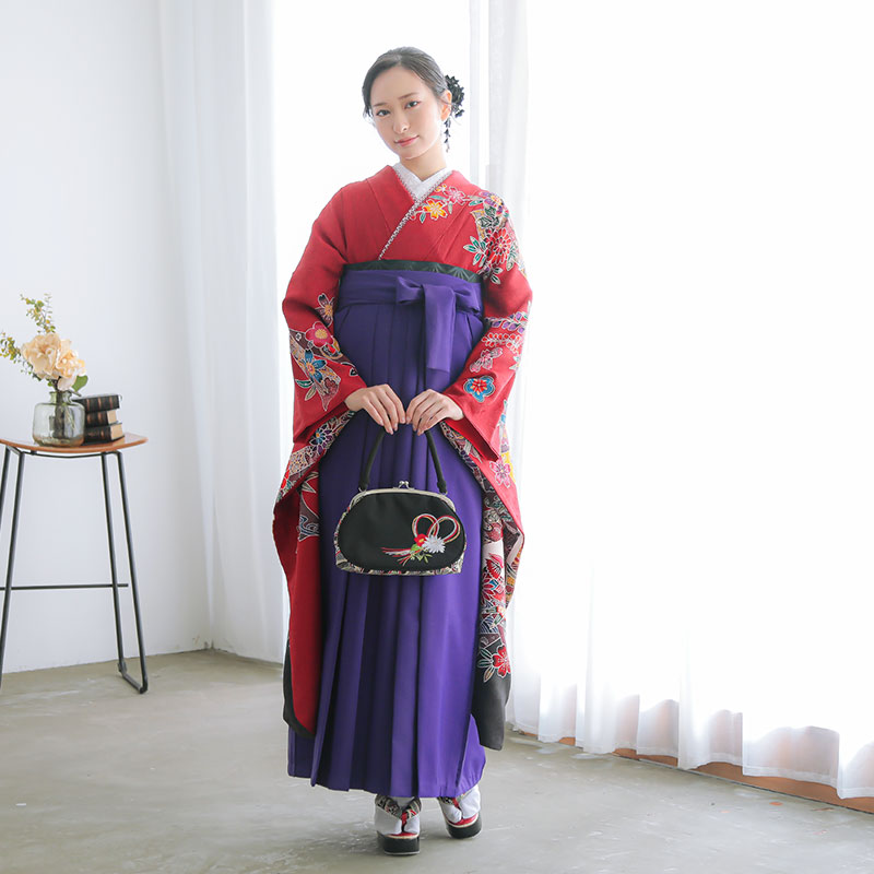 振袖袴： R1362 赤 紅型風 花熨斗鴛鴦☆(絹)│ 袴レンタル │ 京都着物