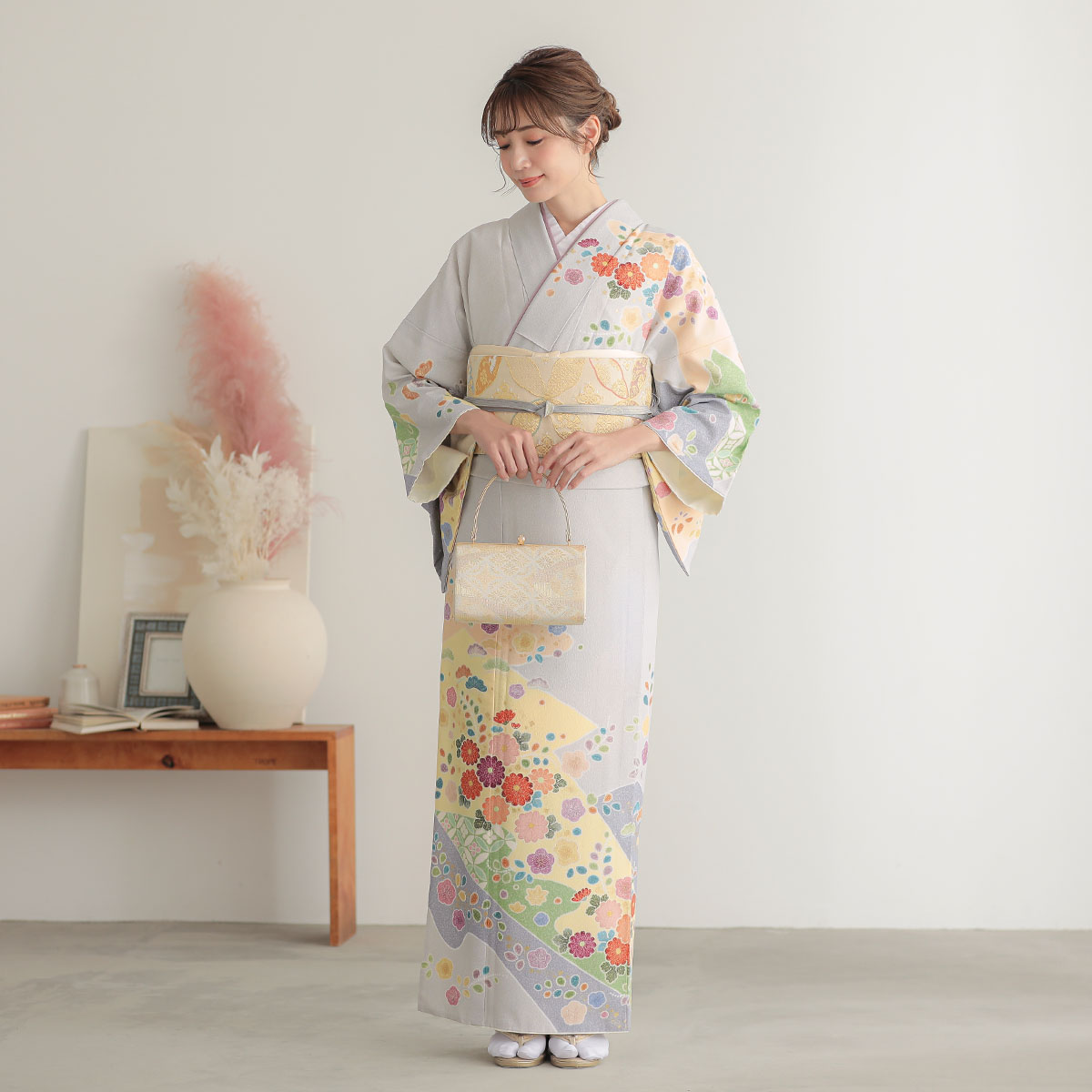 訪問着：H1023 ジャパンスタイル グレー 辻が花風吉祥花柄(H1024