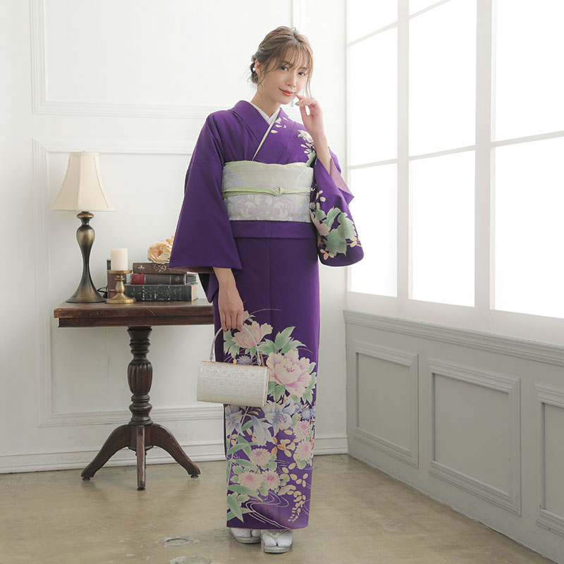 訪問着：H478 ジャパンスタイル 紫 牡丹と百合| 訪問着レンタル