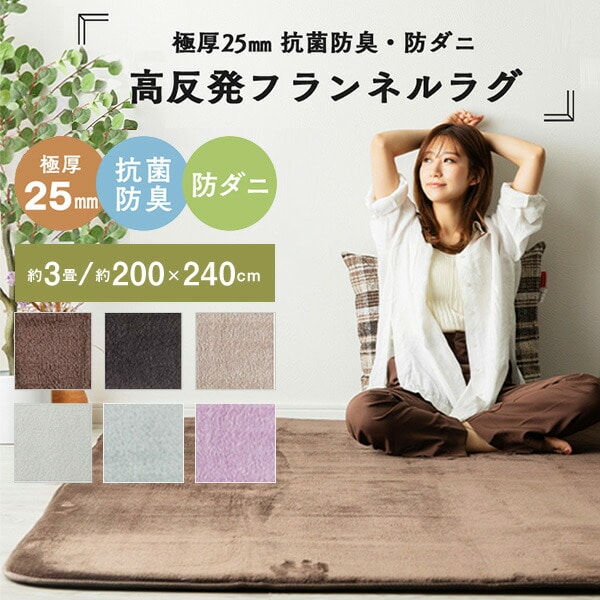 販売終了】極厚フランネルラグ 3畳 200×240cm 洗える 抗菌 防臭 山善