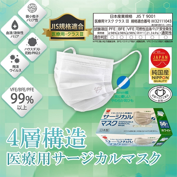4層式 サージカルマスク 医療用 クラス3 100枚 (50枚入×2箱) つばさ